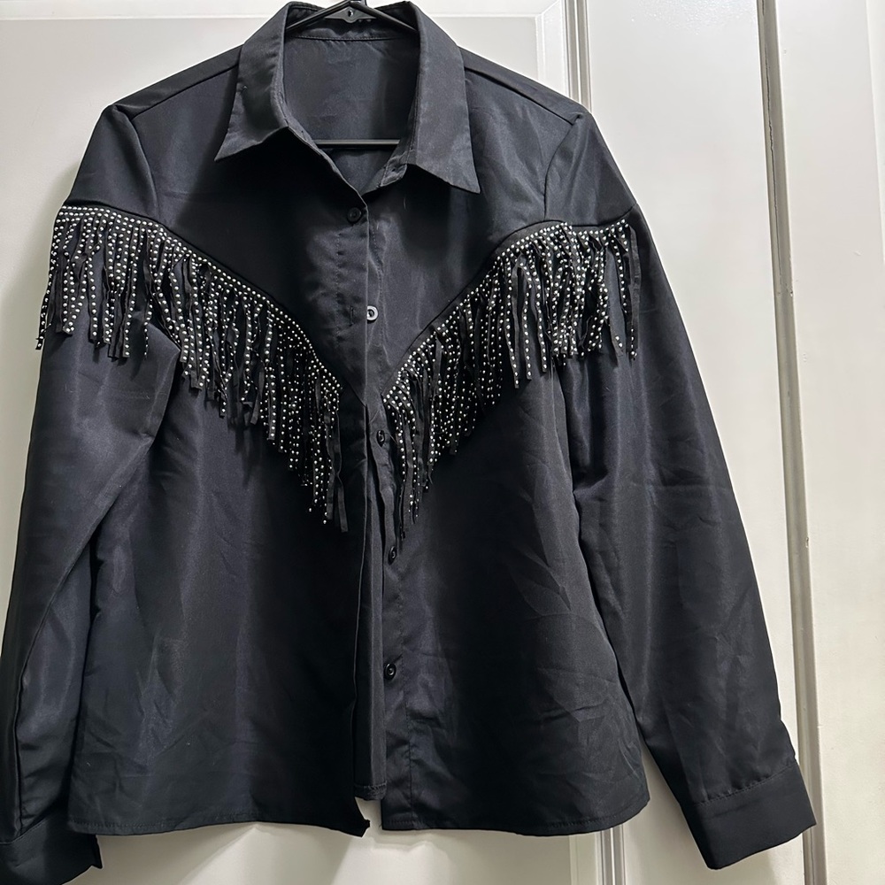 Black and silver fringe button up shirt